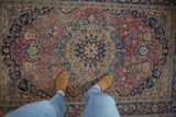 Nuanced boteh leaves and pinwheel florals on a dusty red and blue Meshed rug, with feet.
