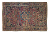 Distressed vintage Meshed rug with roundel medallion, floral vine motifs, dusty red, blue, ivory, 4'4