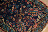 Vintage Dargezine rug: Detailed brick red, cobalt blue, blush floral bouquets with even pile wear.