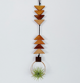 Southwestern wooden air plant hanger with geometric wood triangles, varied tones, green plant, 16 inches.