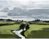 Laurie Ann Foggy Countryside Art Print, impressionistic landscape with muted greens, grays, and whites.