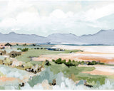 Laurie Ann Antelope Island Art Print, an abstract landscape with muted blue, green, and peach brushstrokes.