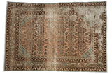 Vintage Distressed Hamadan rug with dusty rose Herati field, powder blue motifs, brown Samovar border, 4'5