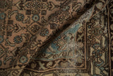 Vintage distressed Hamadan rug, dusty rose Herati motif, powder blue Samovar border, visible foundation.
