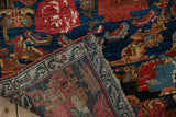 Antique Bijar rug detail: navy and cherry Rococo floral pile, with geometric border on reverse.