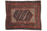 Vintage Kurdish square rug featuring a vibrant diagonal pattern of ruby red, teal, and ivory.