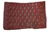 Hand knotted vintage Turkmen rug, geometric floral gul, madder red, navy, ivory, 3'8
