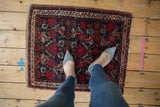Herati design covers vintage Hamadan square mat with navy, red, and ivory borders.