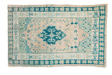 Distressed Vintage Oushak rug with medallion, starburst borders, faded teal, green, ivory abrash, 3'6