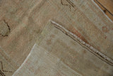 Hand-knotted foundation, secure selvage, and distressed pile of a vintage Oushak rug.