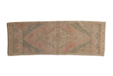 Distressed hand knotted Oushak runner, pink medallion, seafoam, ivory tones, 1'4
