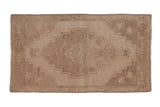 Distressed Oushak rug mat with stepped medallion and starburst florals in neutral beige, 1'8