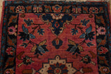 Raspberry red field and border with navy, sky blue, beige floral vines.