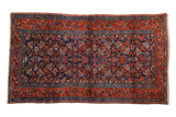 Vintage hand-knotted Kurdish Hamadan rug features Herati pattern in navy, madder red, and sky blue.