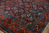 Vintage Kurdish Hamadan rug corner: Herati field meets floral border with navy, red, sky blue.