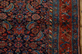 Hand-knotted Herati design in navy, madder root red, and sky blue with vine border.