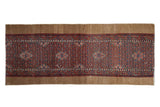 Vintage Persian Serab runner with intricate floral lattice, red, blue, and camel. 3x7.5.
