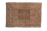 Distressed Oushak square rug, central medallion with finials, beige and bronze patterns.