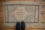 Distressed Oushak rug mat with hexagonal medallion, vine border, seafoam green, and boots.