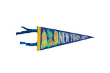 Vintage New York City felt pennant flag with retro blue, orange, green buildings, white lettering, 5x12.