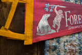 Vintage Forest Park Zoo felt flag detail with white bear, monkeys, and blue leaves.