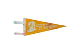 Vintage golden yellow felt flag for House of Seven Gables with white house graphic and text.
