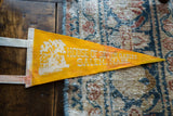 Age-related staining and discoloration on the yellow felt of a vintage Salem pennant.