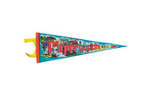 Vintage Plymouth Mass felt flag with retro graphics of pilgrims and a ship on a vibrant blue background.