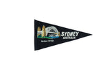 Vintage Sydney Australia felt flag in black with a colorful painted graphic of the Harbour Bridge.