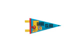 Vintage 1970s Rhode Island felt pennant, teal, yellow, red, rooster, state outline.