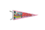Vintage pink felt pennant for Regina Etiwanda with retro graphics of horses and grapes.