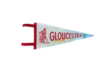 Vintage white felt Gloucester pennant with red sailor graphic and text, 8x18 inches.