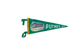 Green vintage felt pennant flag from Putney VT with covered bridge graphic and yellow binding, 7x17 inches.