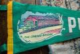Vintage Putney VT felt flag, pink covered bridge graphic and partial white P.