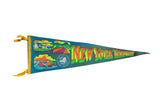 Vintage New York Thruway felt flag, blue with retro graphics of cars and landscapes.