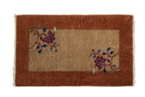 Vintage Nichols Art Deco rug mat with floral vinery on a beige field and wide copper border.
