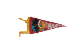 Vintage Carlsbad Caverns red felt pennant with a Native American chief graphic and real feathers.