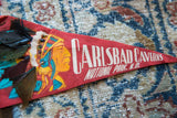Detail of the illustrated chief and real feather headdress on a vintage red felt pennant.