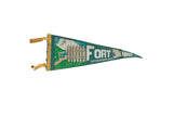 Vintage 1960s Fort Wilkins felt pennant in teal green with a historic fort graphic and yellow ties.