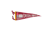 Vintage maroon felt pennant from Crystal Iron Mine, Crystal Falls MI, man pushing cart graphic.