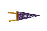 Vintage Alabama felt pennant, purple, gold trim, white state map and 'ALABAMA' text.