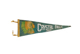 Vintage green felt pennant, circa 1950s Crystal Falls MI chief in headdress, 9x26.