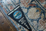 Close-up of vintage felt flag displaying Long's Peak graphic and park name.