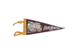 Vintage Iron Mountain Michigan felt pennant, dark burgundy with pink deer, green trees, blue mountains, 5