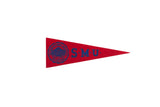 Vintage red felt SMU pennant flag with blue Southern Methodist University crest, 3.25x9.75 inches.