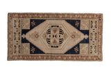 Distressed vintage Oushak rug runner, ivory, beige, navy, copper medallion with finials.