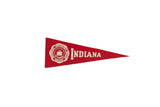 Vintage Indiana University felt pennant, red with white crest and text, circa 1950s, 3.25x9.75 inches.