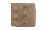 Distressed vintage Oushak square rug with faded seafoam green and beige arrowed patterns.