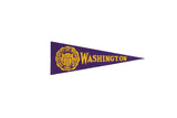 Vintage University of Washington purple felt pennant with yellow crest and text, 3.25 x 9.75 inches.