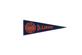 Vintage University of Illinois felt pennant in navy blue with orange lettering and crest.